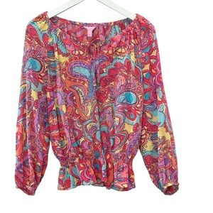 Lilly Pulitzer Silk Blouse Pink Turquoise Paisley Boho Resort Beach Luxe Top S